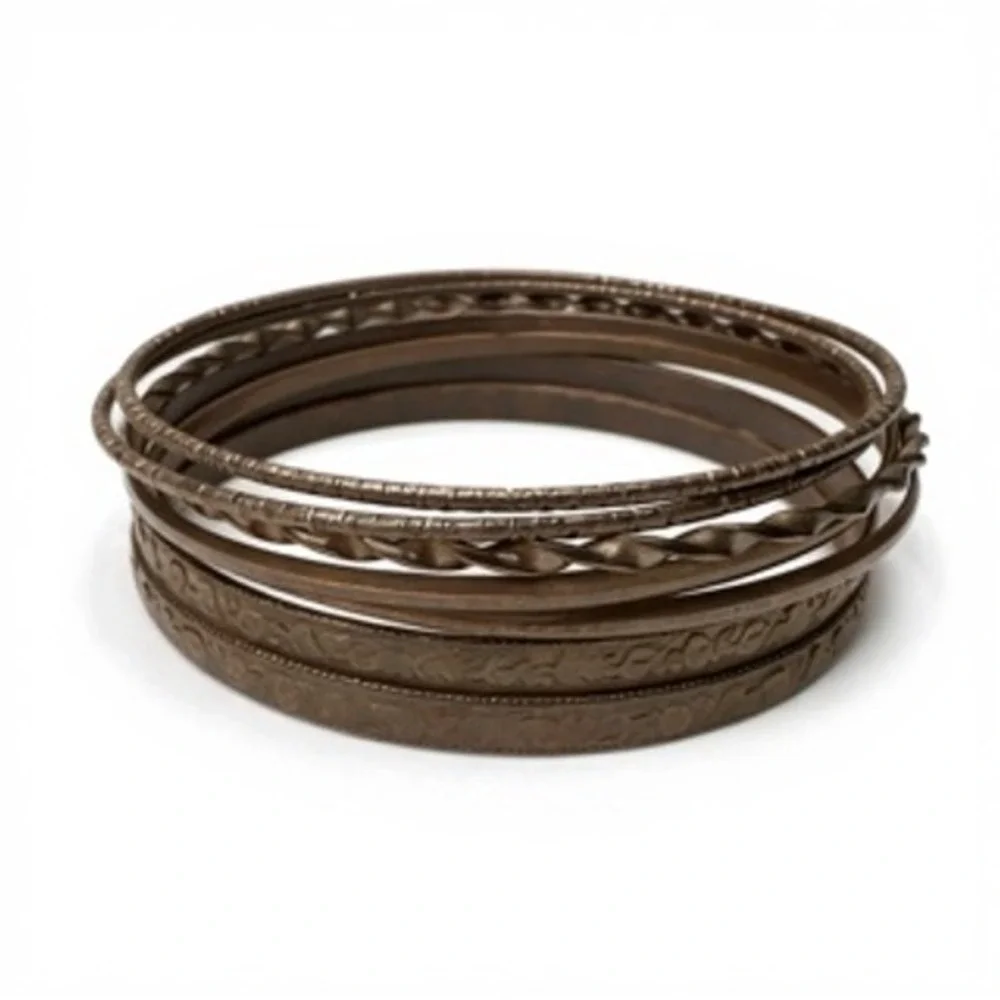 Bronze Tone Textured Bangle Bracelet Set 7pc Floral Hammered Twisted Stackable